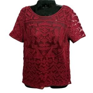 Everleigh Sheer Embroidered Mesh Blouse Lace Wine Red Romantic Top M Blouse